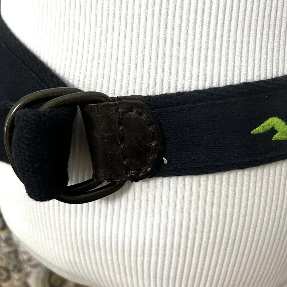 Men’s Hollister D-Ring Belt Navy Blue Neon Green Seagull Logo Coastal Surf 44”